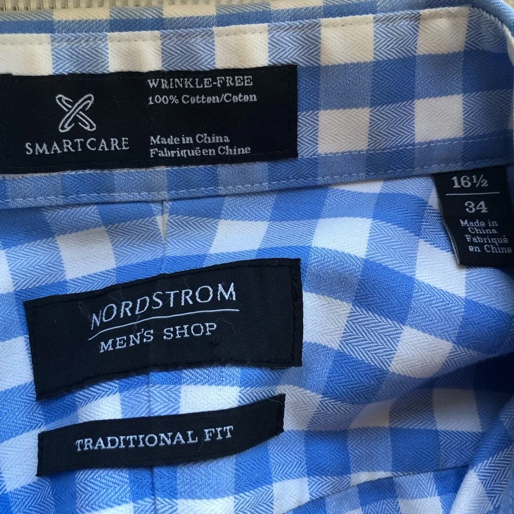 Nordstrom Wrinkle-Free Blue/White Checkered Button-Up Shirt Men’s Size 16.5 34